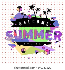 Trendy vector summer cards illustration with elements and abstract colorful textures. Design for holiday vacation poster, card, brochure, and promotion template. Fashion art print and background.