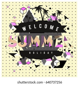 Trendy vector summer cards illustration with elements and abstract colorful textures. Design for holiday vacation poster, card, brochure, and promotion template. Fashion art print and background.