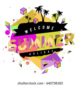 Trendy vector summer cards illustration with elements and abstract colorful textures. Design for holiday vacation poster, card, brochure, and promotion template. Fashion art print and background.