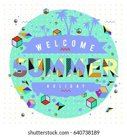 Trendy vector summer cards illustration with elements and abstract colorful textures. Design for holiday vacation poster, card, brochure, and promotion template. Fashion art print and background.