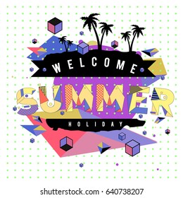 Trendy vector summer cards illustration with elements and abstract colorful textures. Design for holiday vacation poster, card, brochure, and promotion template. Fashion art print and background.