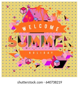 Trendy vector summer cards illustration with elements and abstract colorful textures. Design for holiday vacation poster, card, brochure, and promotion template. Fashion art print and background.