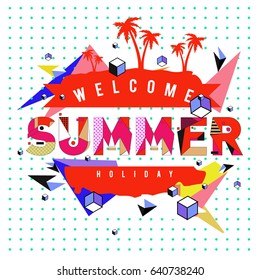 Trendy vector summer cards illustration with elements and abstract colorful textures. Design for holiday vacation poster, card, brochure, and promotion template. Fashion art print and background.