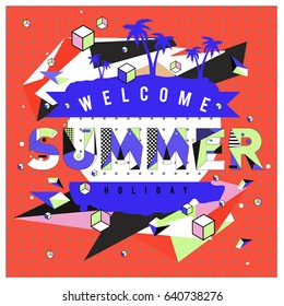 Trendy vector summer cards illustration with elements and abstract colorful textures. Design for holiday vacation poster, card, brochure, and promotion template. Fashion art print and background.