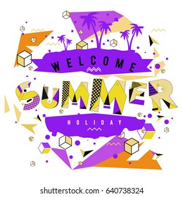 Trendy vector summer cards illustration with elements and abstract colorful textures. Design for holiday vacation poster, card, brochure, and promotion template. Fashion art print and background.