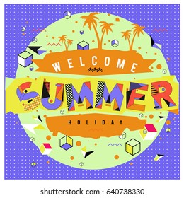 Trendy vector summer cards illustration with elements and abstract colorful textures. Design for holiday vacation poster, card, brochure, and promotion template. Fashion art print and background.