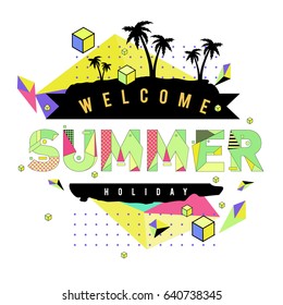 Trendy vector summer cards illustration with elements and abstract colorful textures. Design for holiday vacation poster, card, brochure, and promotion template. Fashion art print and background.