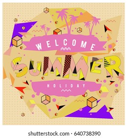 Trendy vector summer cards illustration with elements and abstract colorful textures. Design for holiday vacation poster, card, brochure, and promotion template. Fashion art print and background.