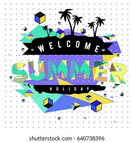 Trendy vector summer cards illustration with elements and abstract colorful textures. Design for holiday vacation poster, card, brochure, and promotion template. Fashion art print and background.