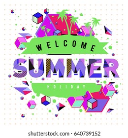 Trendy vector summer cards illustration with elements and abstract colorful textures. Design for holiday vacation poster, card, brochure, and promotion template. Fashion art print and background.