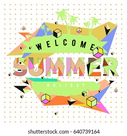 Trendy vector summer cards illustration with elements and abstract colorful textures. Design for holiday vacation poster, card, brochure, and promotion template. Fashion art print and background.