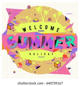 Trendy vector summer cards illustration with elements and abstract colorful textures. Design for holiday vacation poster, card, brochure, and promotion template. Fashion art print and background.