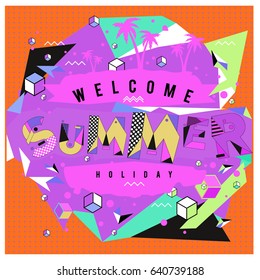 Trendy vector summer cards illustration with elements and abstract colorful textures. Design for holiday vacation poster, card, brochure, and promotion template. Fashion art print and background.