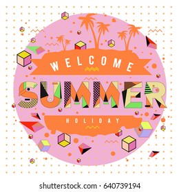 Trendy vector summer cards illustration with elements and abstract colorful textures. Design for holiday vacation poster, card, brochure, and promotion template. Fashion art print and background.
