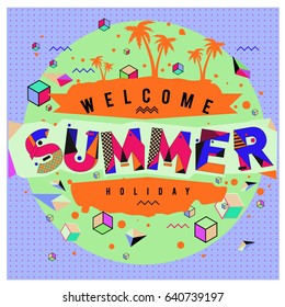 Trendy vector summer cards illustration with elements and abstract colorful textures. Design for holiday vacation poster, card, brochure, and promotion template. Fashion art print and background.