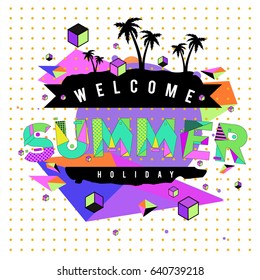Trendy vector summer cards illustration with elements and abstract colorful textures. Design for holiday vacation poster, card, brochure, and promotion template. Fashion art print and background.