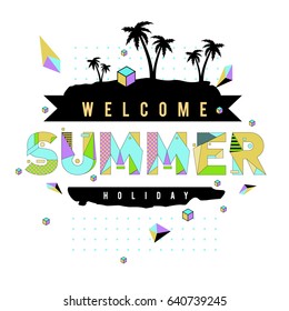 Trendy vector summer cards illustration with elements and abstract colorful textures. Design for holiday vacation poster, card, brochure, and promotion template. Fashion art print and background.