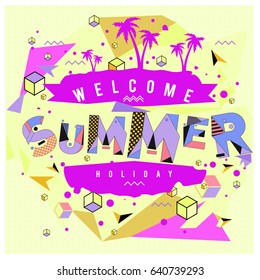 Trendy vector summer cards illustration with elements and abstract colorful textures. Design for holiday vacation poster, card, brochure, and promotion template. Fashion art print and background.