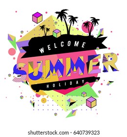Trendy vector summer cards illustration with elements and abstract colorful textures. Design for holiday vacation poster, card, brochure, and promotion template. Fashion art print and background.
