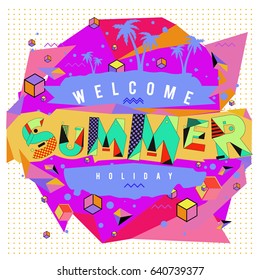 Trendy vector summer cards illustration with elements and abstract colorful textures. Design for holiday vacation poster, card, brochure, and promotion template. Fashion art print and background.