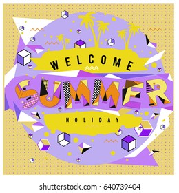 Trendy vector summer cards illustration with elements and abstract colorful textures. Design for holiday vacation poster, card, brochure, and promotion template. Fashion art print and background.