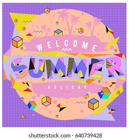 Trendy vector summer cards illustration with elements and abstract colorful textures. Design for holiday vacation poster, card, brochure, and promotion template. Fashion art print and background.