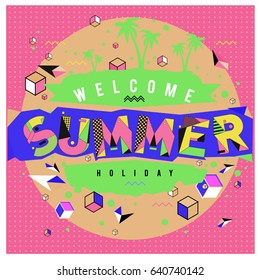 Trendy vector summer cards illustration with elements and abstract colorful textures. Design for holiday vacation poster, card, brochure, and promotion template. Fashion art print and background.