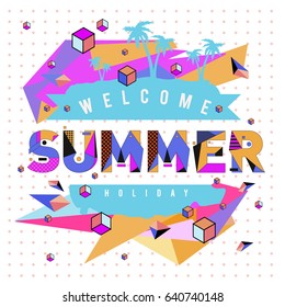 Trendy vector summer cards illustration with elements and abstract colorful textures. Design for holiday vacation poster, card, brochure, and promotion template. Fashion art print and background.