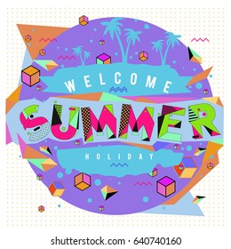 Trendy vector summer cards illustration with elements and abstract colorful textures. Design for holiday vacation poster, card, brochure, and promotion template. Fashion art print and background.