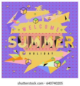 Trendy vector summer cards illustration with elements and abstract colorful textures. Design for holiday vacation poster, card, brochure, and promotion template. Fashion art print and background.