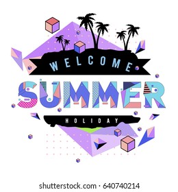 Trendy vector summer cards illustration with elements and abstract colorful textures. Design for holiday vacation poster, card, brochure, and promotion template. Fashion art print and background.