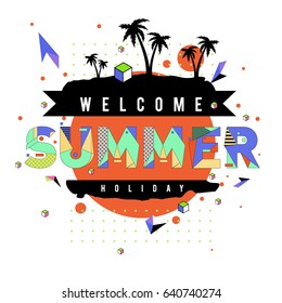 Trendy vector summer cards illustration with elements and abstract colorful textures. Design for holiday vacation poster, card, brochure, and promotion template. Fashion art print and background.