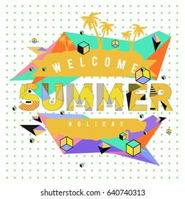 Trendy vector summer cards illustration with elements and abstract colorful textures. Design for holiday vacation poster, card, brochure, and promotion template. Fashion art print and background.