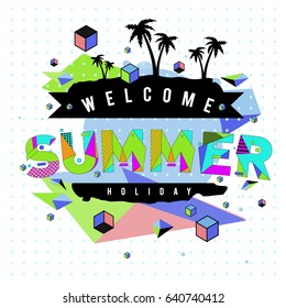 Trendy vector summer cards illustration with elements and abstract colorful textures. Design for holiday vacation poster, card, brochure, and promotion template. Fashion art print and background.