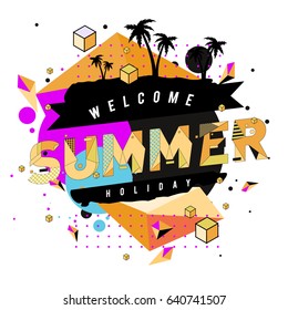 Trendy vector summer cards illustration with elements and abstract colorful textures. Design for holiday vacation poster, card, brochure, and promotion template. Fashion art print and background.