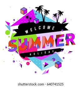 Trendy vector summer cards illustration with elements and abstract colorful textures. Design for holiday vacation poster, card, brochure, and promotion template. Fashion art print and background.