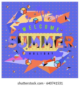 Trendy vector summer cards illustration with elements and abstract colorful textures. Design for holiday vacation poster, card, brochure, and promotion template. Fashion art print and background.