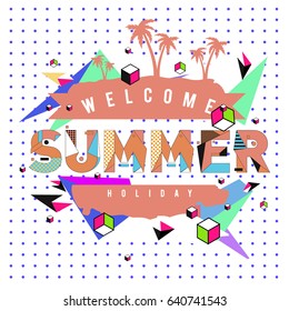 Trendy vector summer cards illustration with elements and abstract colorful textures. Design for holiday vacation poster, card, brochure, and promotion template. Fashion art print and background.