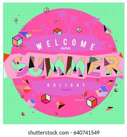 Trendy vector summer cards illustration with elements and abstract colorful textures. Design for holiday vacation poster, card, brochure, and promotion template. Fashion art print and background.
