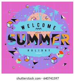 Trendy vector summer cards illustration with elements and abstract colorful textures. Design for holiday vacation poster, card, brochure, and promotion template. Fashion art print and background.