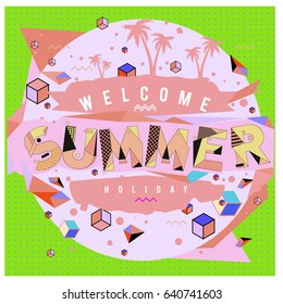 Trendy vector summer cards illustration with elements and abstract colorful textures. Design for holiday vacation poster, card, brochure, and promotion template. Fashion art print and background.