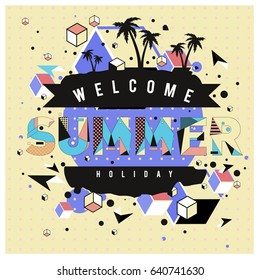 Trendy vector summer cards illustration with elements and abstract colorful textures. Design for holiday vacation poster, card, brochure, and promotion template. Fashion art print and background.