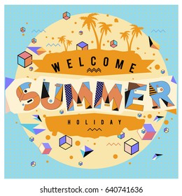 Trendy vector summer cards illustration with elements and abstract colorful textures. Design for holiday vacation poster, card, brochure, and promotion template. Fashion art print and background.