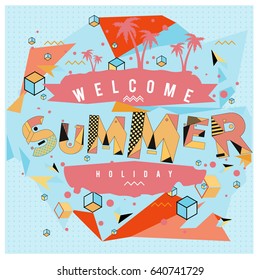 Trendy vector summer cards illustration with elements and abstract colorful textures. Design for holiday vacation poster, card, brochure, and promotion template. Fashion art print and background.