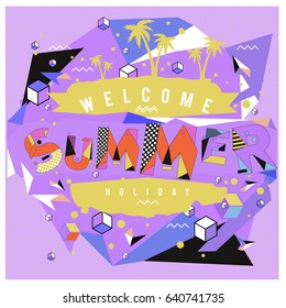 Trendy vector summer cards illustration with elements and abstract colorful textures. Design for holiday vacation poster, card, brochure, and promotion template. Fashion art print and background.