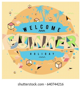 Trendy vector summer cards illustration with elements and abstract colorful textures. Design for holiday vacation poster, card, brochure, and promotion template. Fashion art print and background.