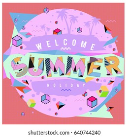 Trendy vector summer cards illustration with elements and abstract colorful textures. Design for holiday vacation poster, card, brochure, and promotion template. Fashion art print and background.