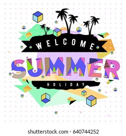 Trendy vector summer cards illustration with elements and abstract colorful textures. Design for holiday vacation poster, card, brochure, and promotion template. Fashion art print and background.