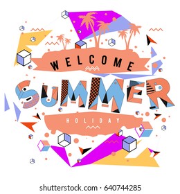 Trendy vector summer cards illustration with elements and abstract colorful textures. Design for holiday vacation poster, card, brochure, and promotion template. Fashion art print and background.