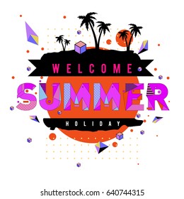 Trendy vector summer cards illustration with elements and abstract colorful textures. Design for holiday vacation poster, card, brochure, and promotion template. Fashion art print and background.